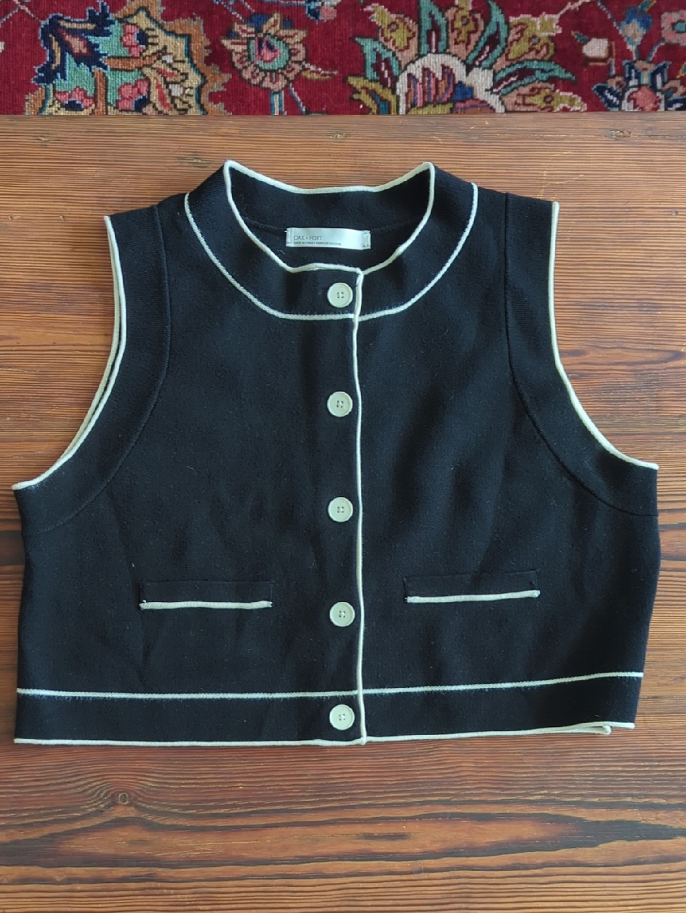Oak + Fort - Black Cropped Button Vest with Cream Piping - Picture 1 of 2